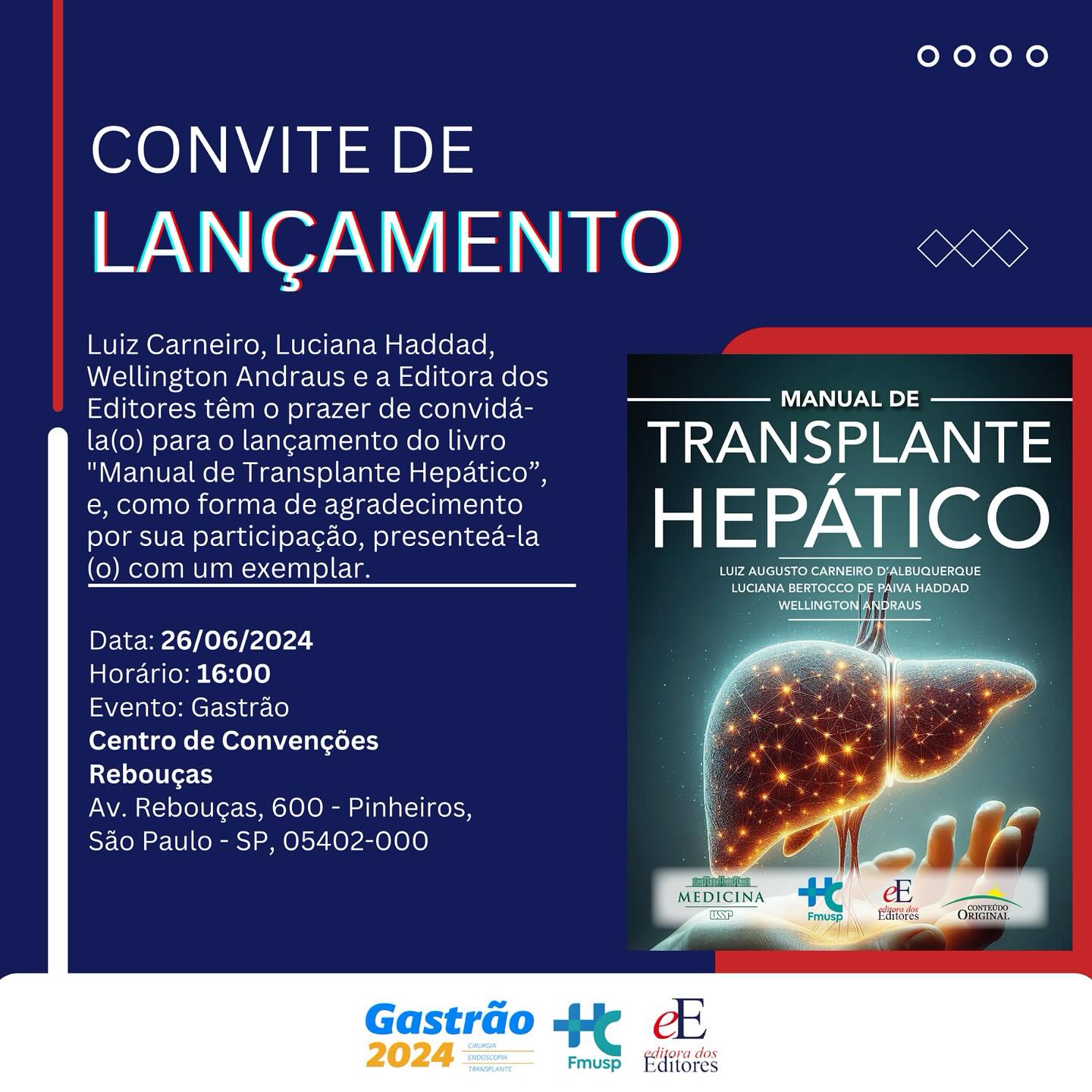 É com grande felicidade que convidamos a todos para o lançamento do nosso Manual de Transplante Hepático hoje no Gastrão 2024!